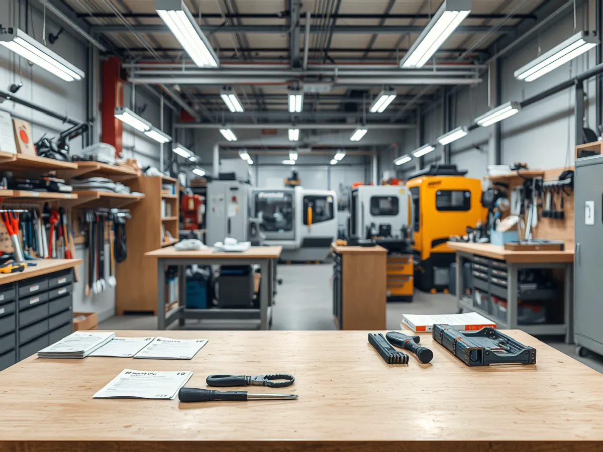 机械厂定制工作台实景，工具挂板和照明优化后的装配工位